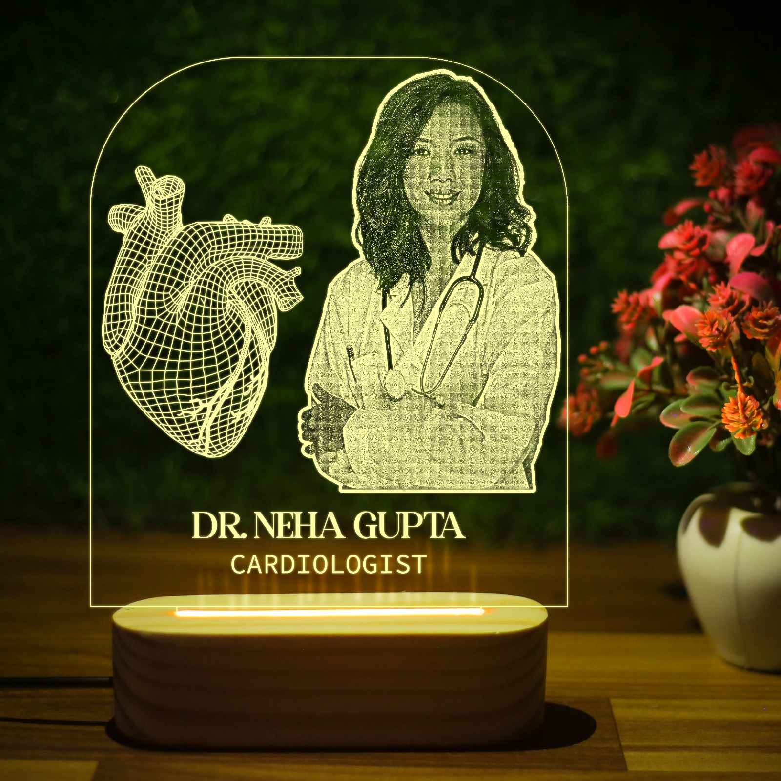 Giftkidukan Personalized Acrylic 3D LED Doctor Name Lamp With Your Image | Custom Engraved Heart Design Table Lamp With Your Image