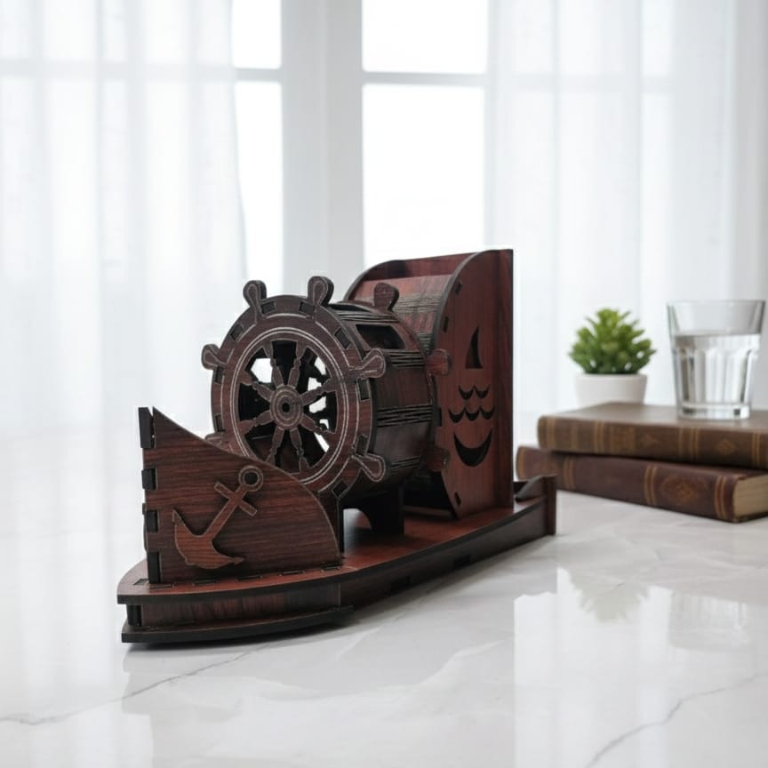 Giftkidukan Wooden Finish MDF Ship-Style Pen Holder for Office Desk