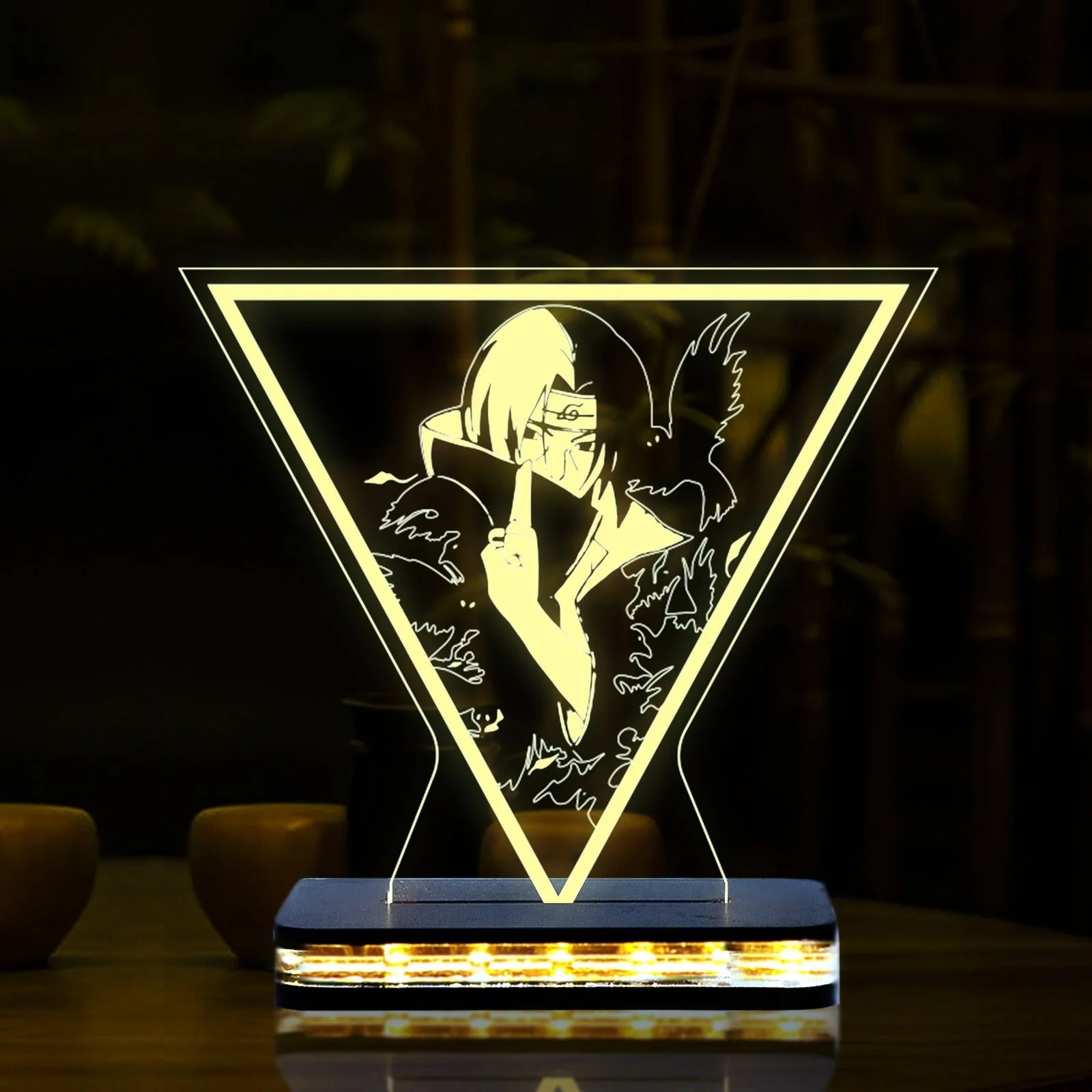 Giftkidukan 3D Illusion Itachi764 Night Lamp with Wooden Base for Kids Room Decoration Light Table Lamp (16 cm, yellow warm white)