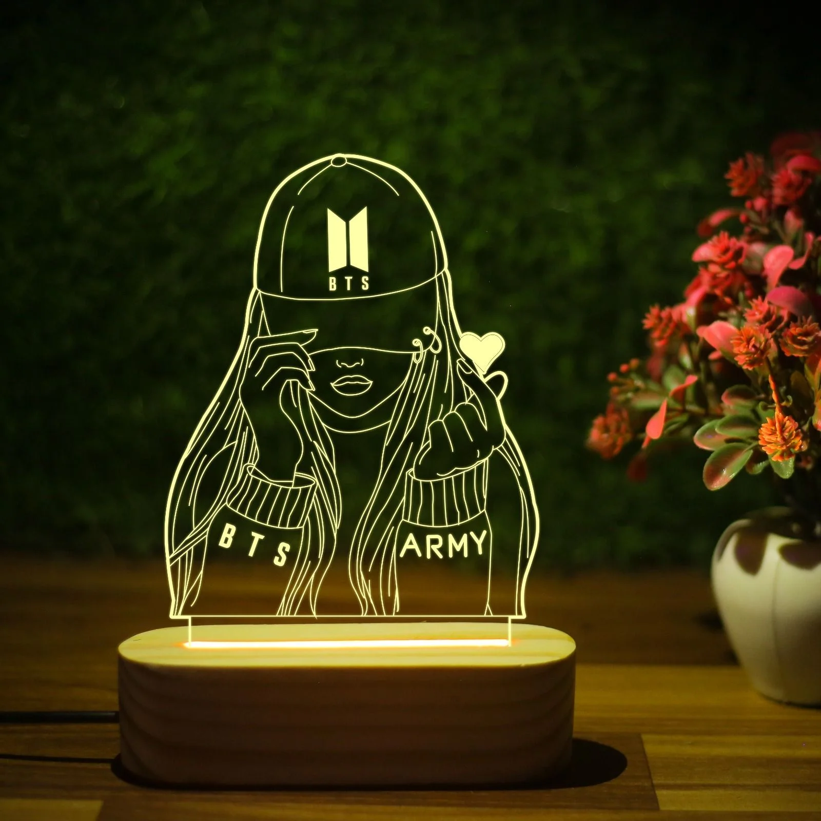 Giftkidukan 3D Illusion BTS Army Desk Table Lamp Acrylic Night Light Bedside Lamps Night Lamp (16 cm, yellow warm white)