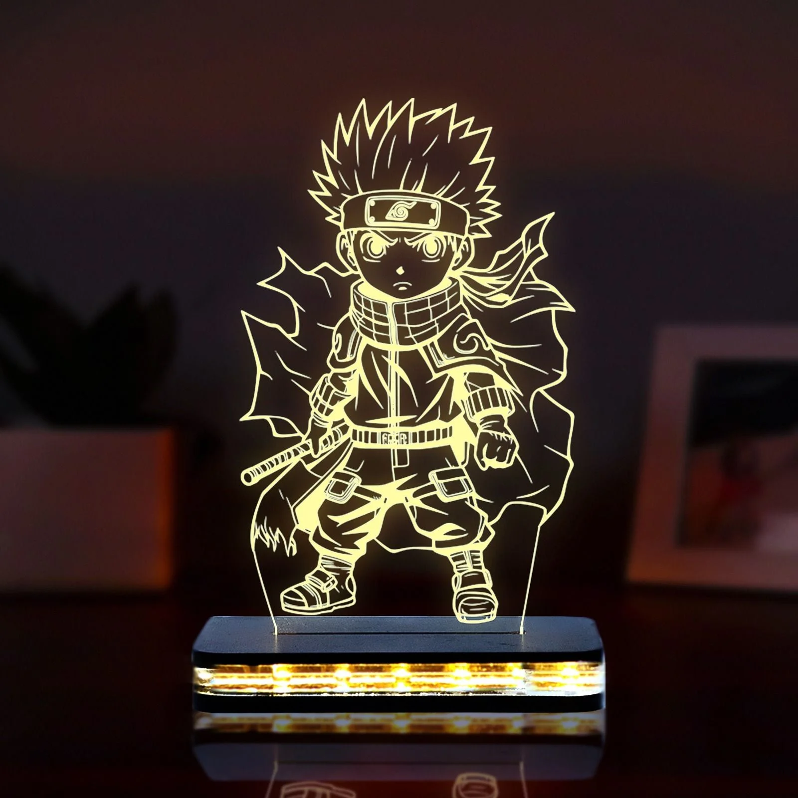 Giftkidukan 3D Illusion Naruto427 Anime Desk Table Lamp with Wooden Stand Birthday Gift Table Lamp (16 cm, yellow warm white)